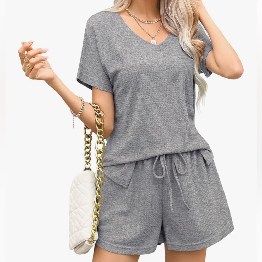 Casual V-Neck Gray Romper with Drawstring Waist